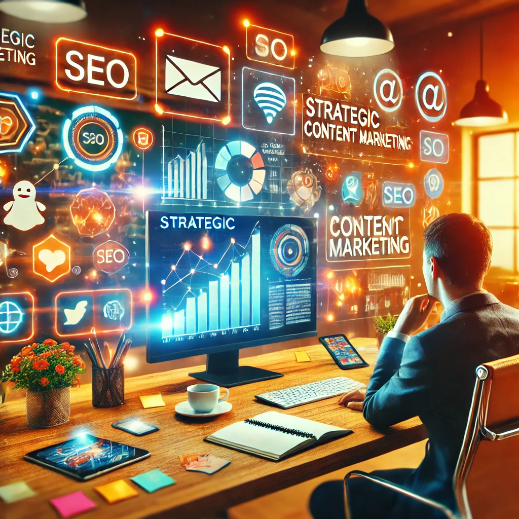 DALL·E 2025-05-05 11.16.08 - A modern, vibrant digital workspace representing 'Strategic Content Marketing'. The scene includes a large desktop monitor displaying an analytics das
