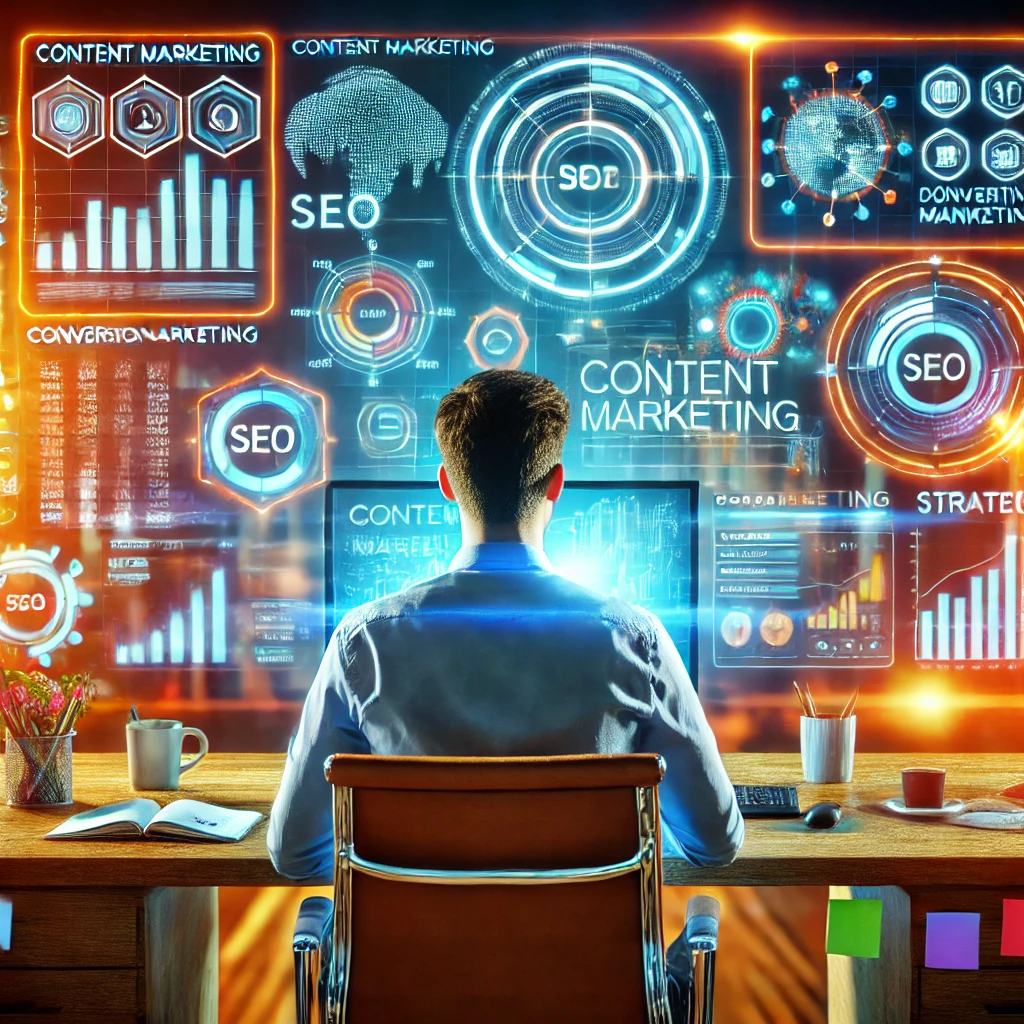 DALL·E 2025-05-05 12.08.55 - A futuristic and vibrant office environment. A young man, seen from behind, is working intently on a computer surrounded by glowing digital interfaces